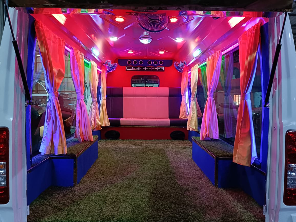 Decorated hearse van inside view for final journey