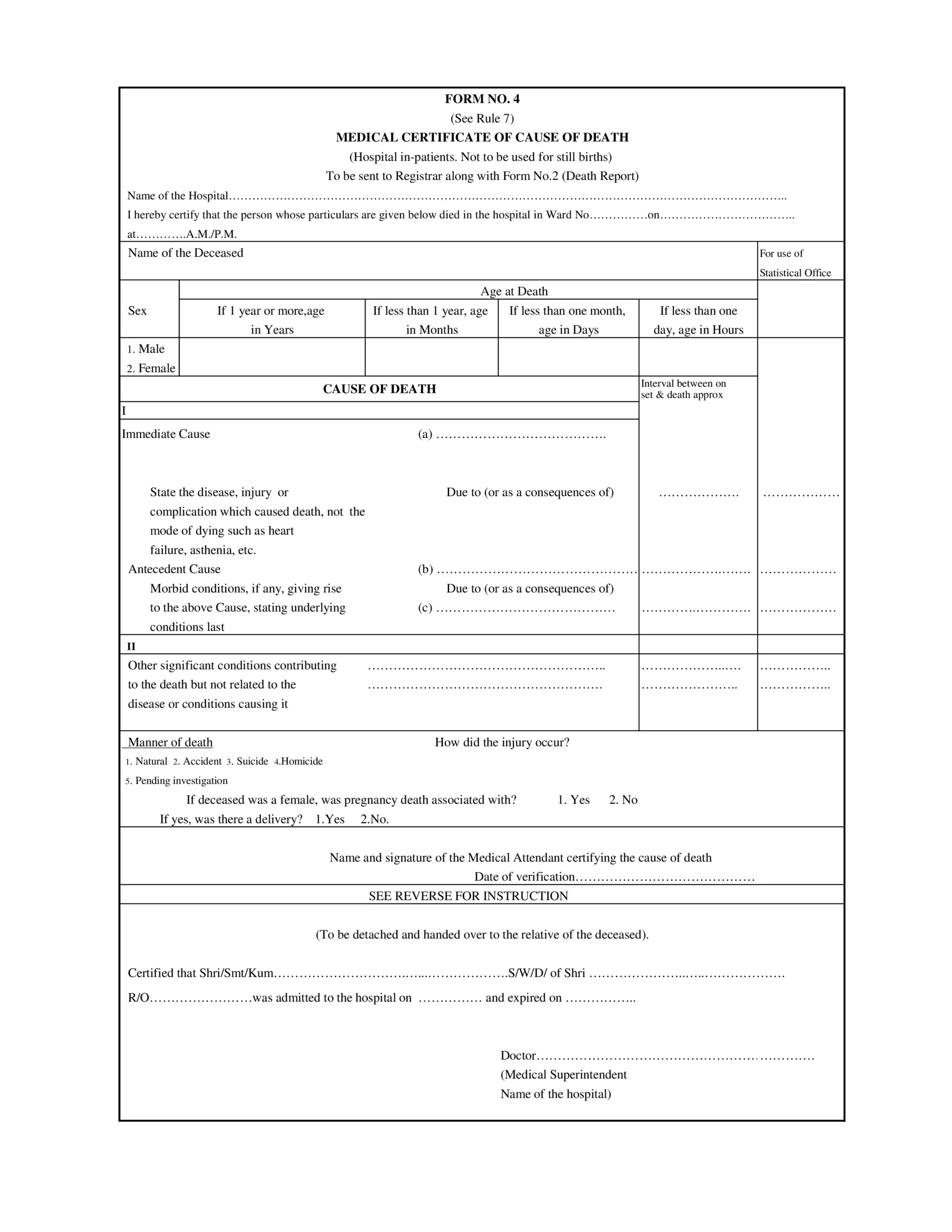 Form 4 institutional death certificate English reference for Bangalore air transport documentation