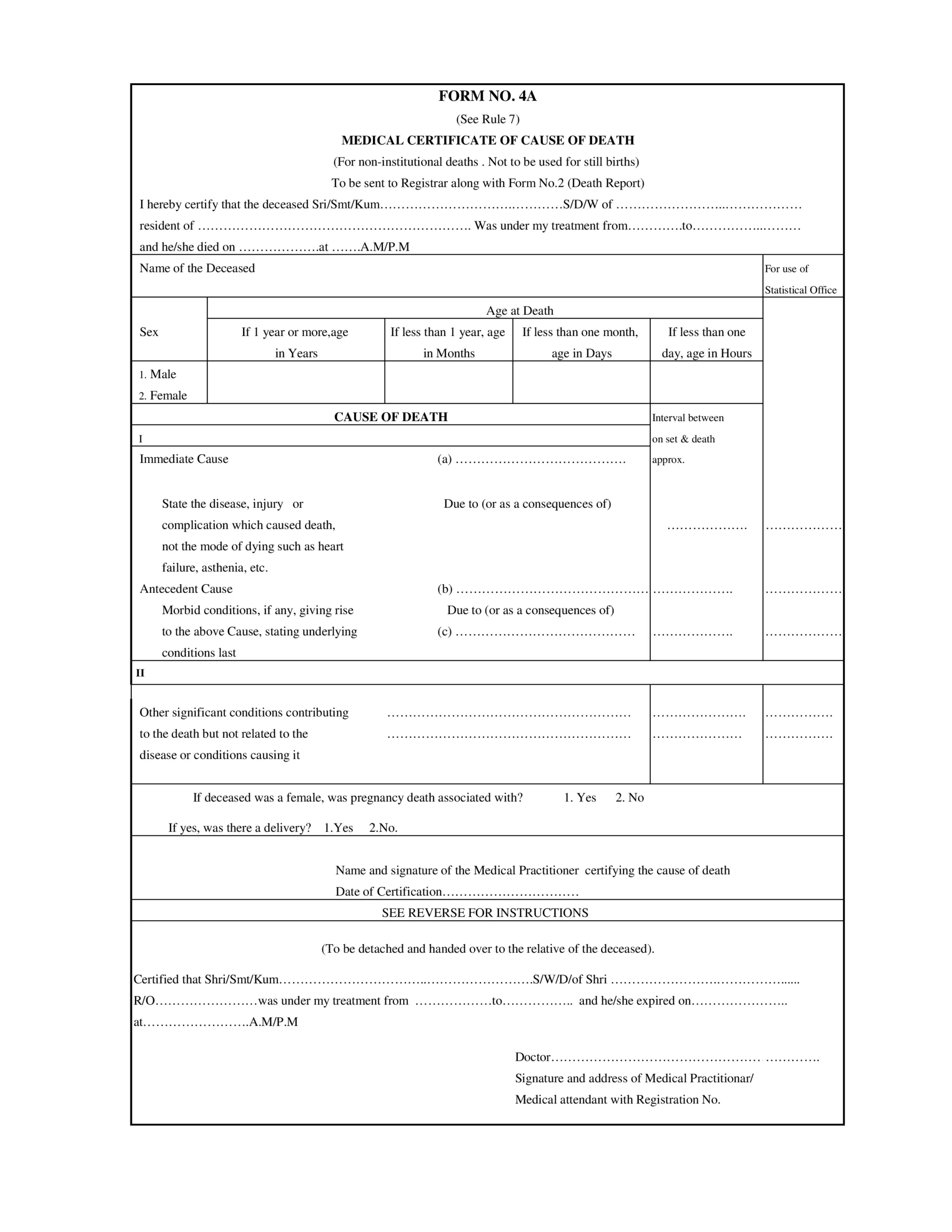 Form 4A non institutional death certificate English reference for home death documentation